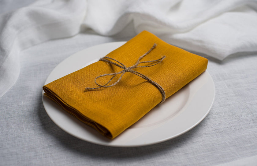 Dijon linen napkin tied with jute twine on a white plate, side view