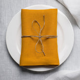 Canary linen napkin tied with jute twine on a white plate