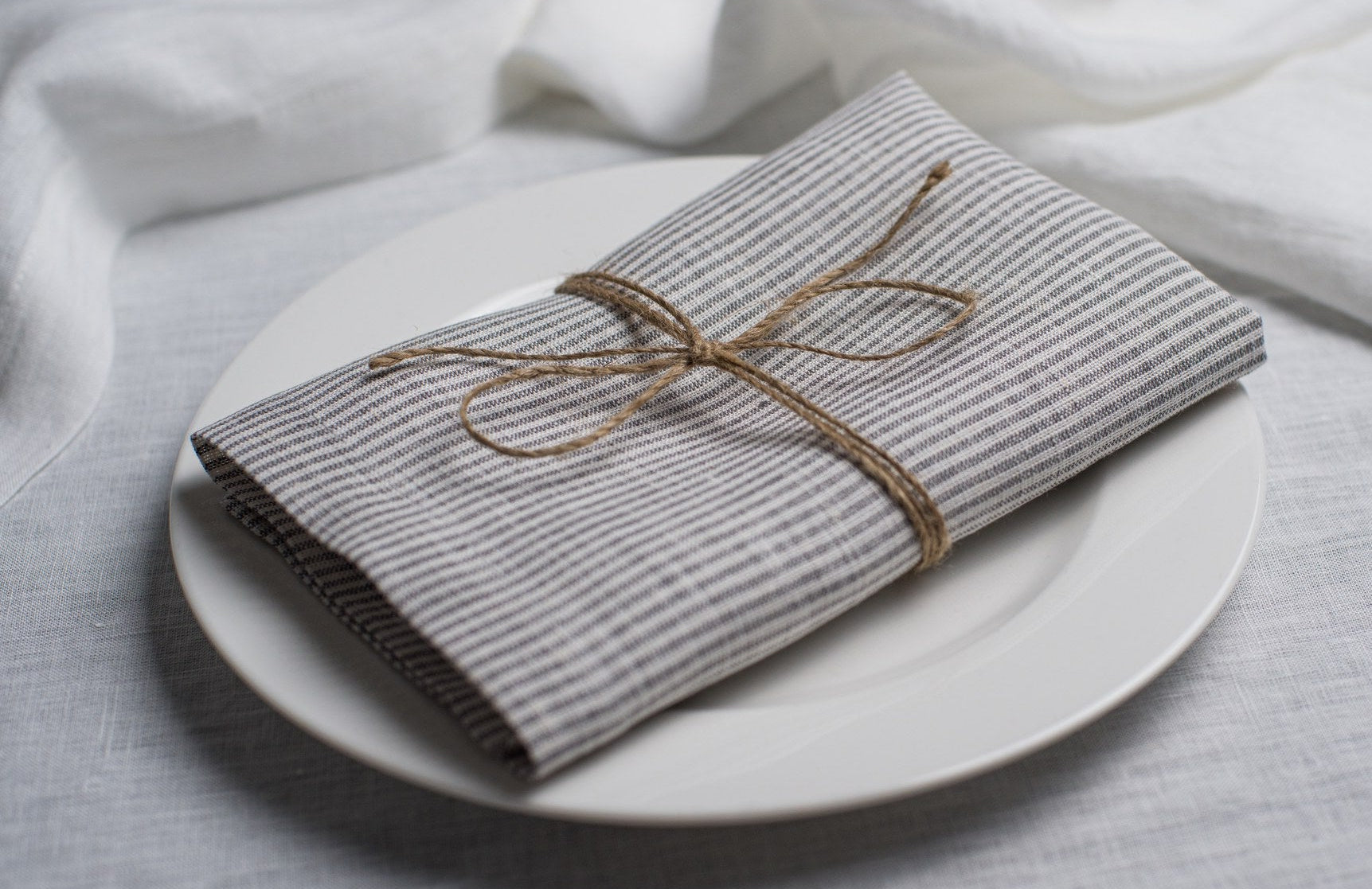 New Striped linen napkin tied with jute twine on a white plate, side view