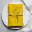 Lemon linen napkin tied with jute twine on a white plate