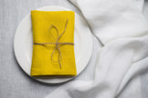 Lemon linen napkin tied with jute twine on a white plate