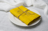 Lemon linen napkin tied with jute twine on a white plate, side view