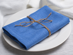 Electric linen napkin tied with jute twine on a white plate, side view