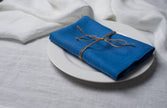 Electric linen napkin tied with jute twine on a white plate, side view