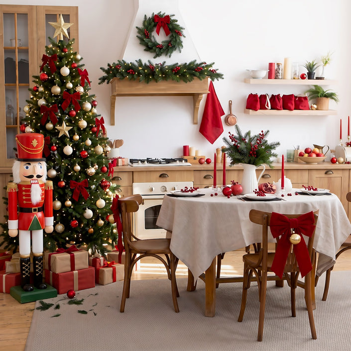 Natural beige linen tablecloth on a dining table in a Christmas kitchen with a decorated tree and a nutcracker