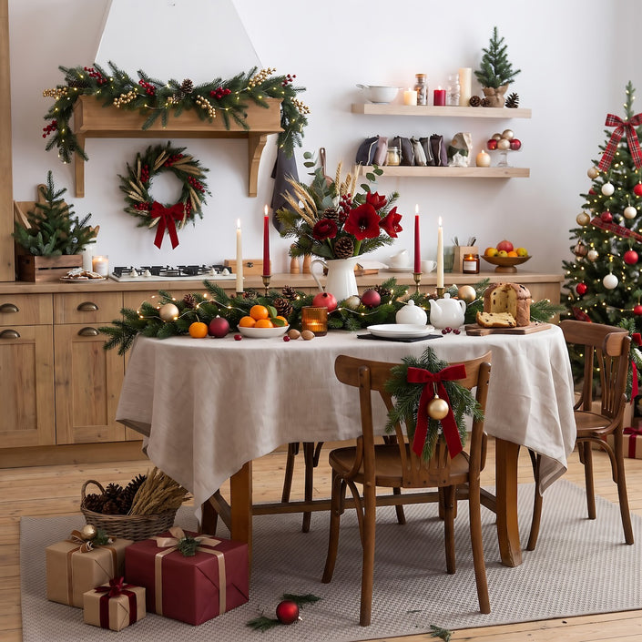 Natural linen tablecloth on a festive table with candles, a pine garland and wrapped Christmas gifts