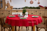 Christmas New Year round linen tablecloth. Red organic tablecloth.